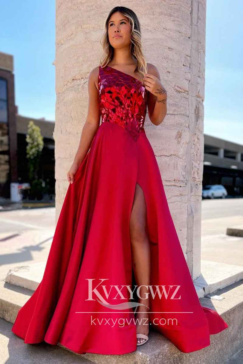 Charming A Line One Shoulder Evening Gown Red Sequins Long Prom Dress with Slit LF738