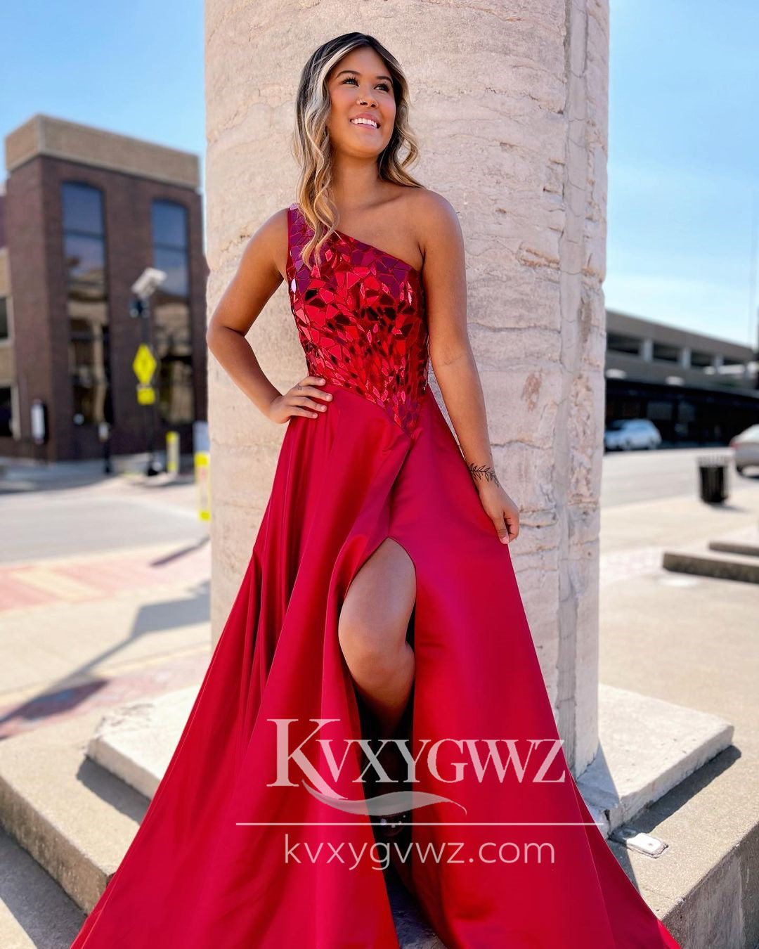 Charming A Line One Shoulder Evening Gown Red Sequins Long Prom Dress with Slit LF738