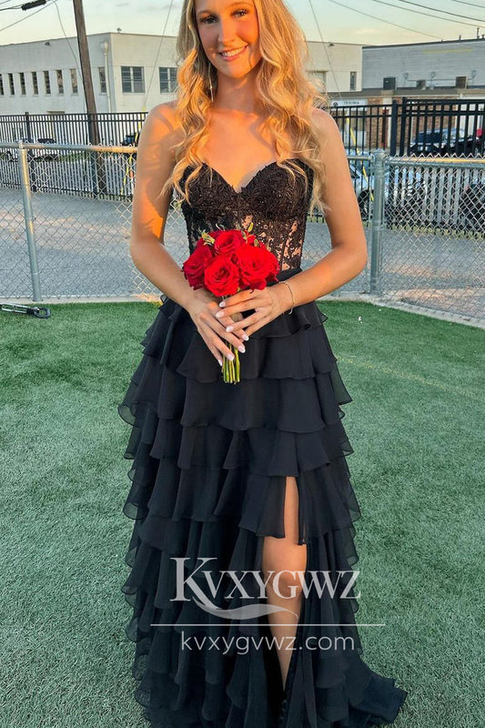 Stunning A Line Sweetheart Evening Gown Black Chiffon Tiered Long Prom Dress LF739