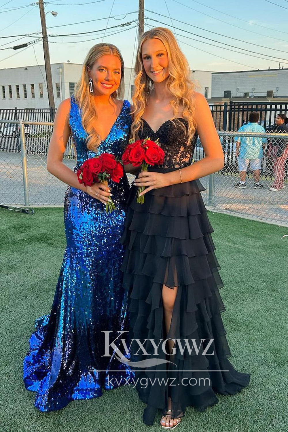 Stunning A Line Sweetheart Evening Gown Black Chiffon Tiered Long Prom Dress LF739