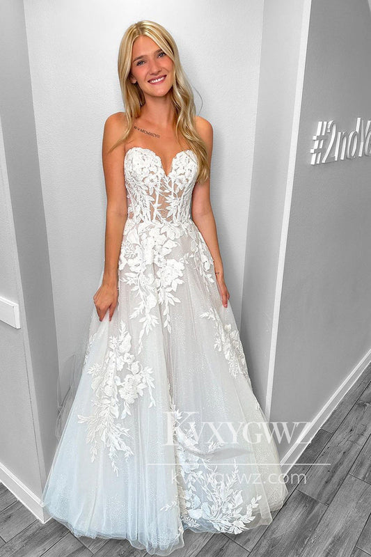 Glamorous A-Line Sweetheart Tulle Beach Wedding Dresses Gown with Appliques HS739