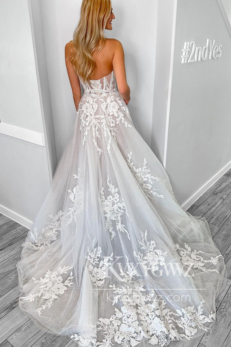 Glamorous A-Line Sweetheart Tulle Beach Wedding Dresses Gown with Appliques HS739