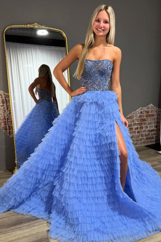 Dazzling Ball Gown Strapless Blue Tiered Tulle Prom Dress Gown with Beading LF1353