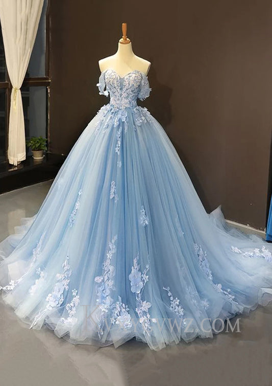Off The Shoulder A-line Appliqued Sweep Train Tulle Prom Dresses LF074