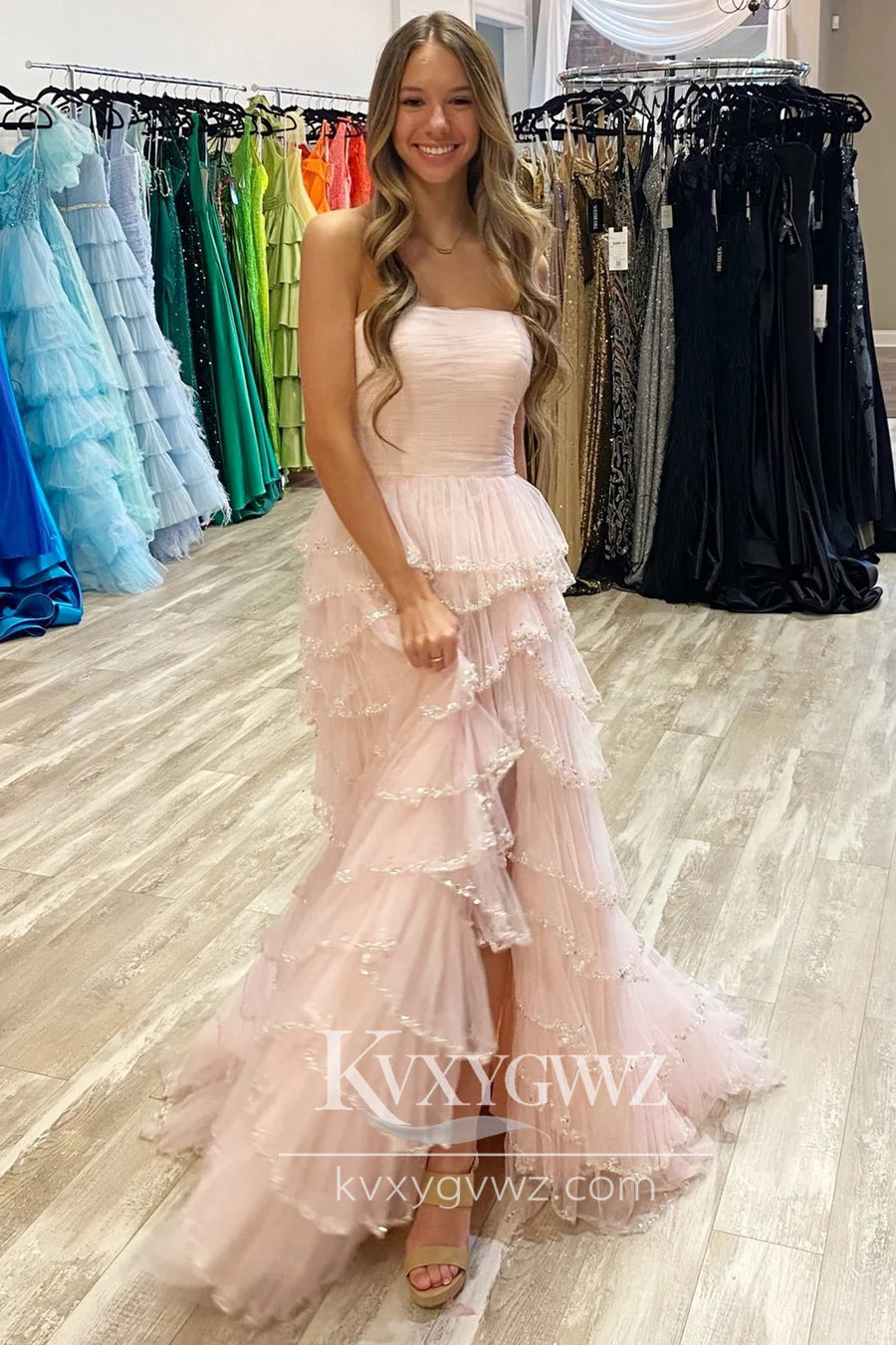 Stunning A Line Strapless Black Evening Gown Tiered Tulle Long Prom Dress with Slit LF740
