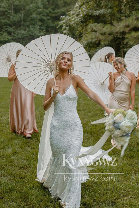 Boho Mermaid V Neck Spaghetti Strap Lace Wedding Dresses Gown HS740