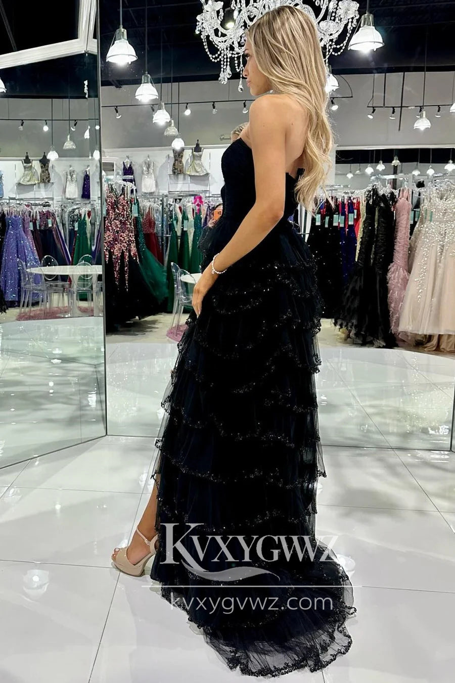 Stunning A Line Strapless Black Evening Gown Tiered Tulle Long Prom Dress with Slit LF740
