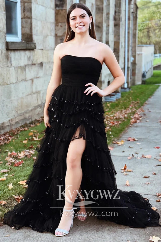 Stunning A Line Strapless Black Evening Gown Tiered Tulle Long Prom Dress with Slit LF740
