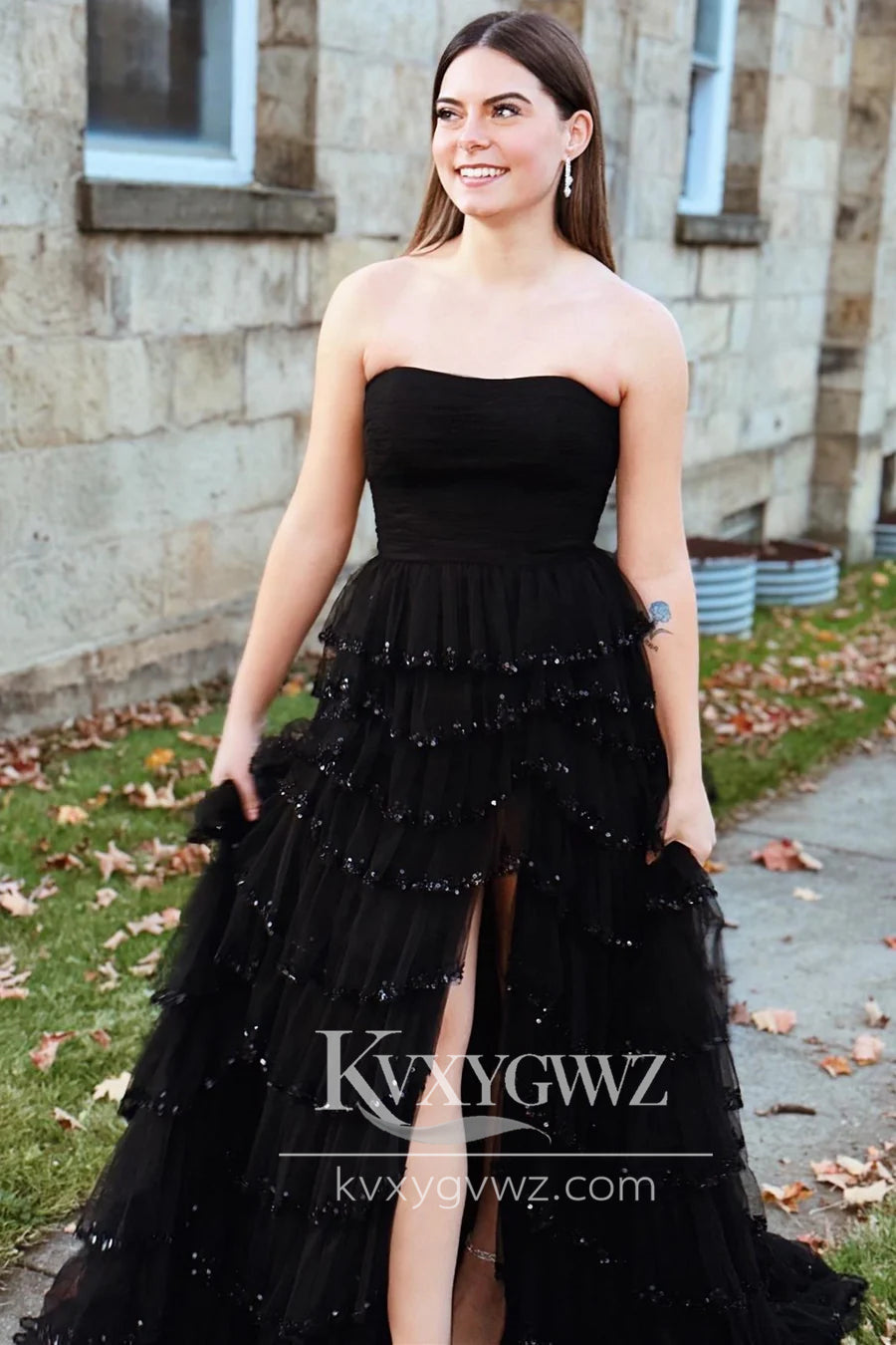 Stunning A Line Strapless Black Evening Gown Tiered Tulle Long Prom Dress with Slit LF740