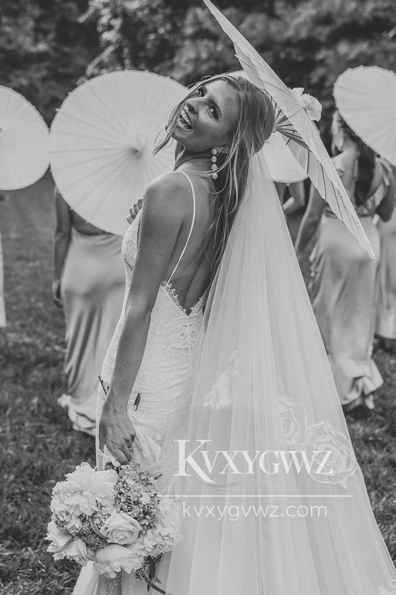 Boho Mermaid V Neck Spaghetti Strap Lace Wedding Dresses Gown HS740