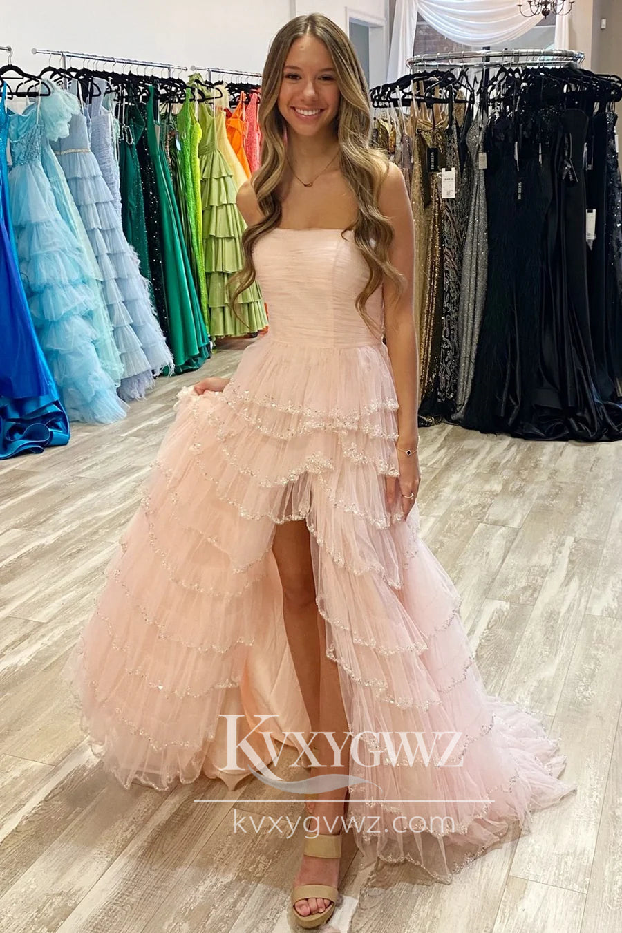 Stunning A Line Strapless Black Evening Gown Tiered Tulle Long Prom Dress with Slit LF740
