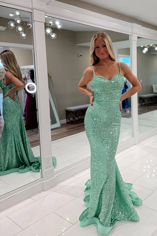 Stunging Mermaid Sweetheart Mint Green Sequins Long Prom Dress Gown LF1331