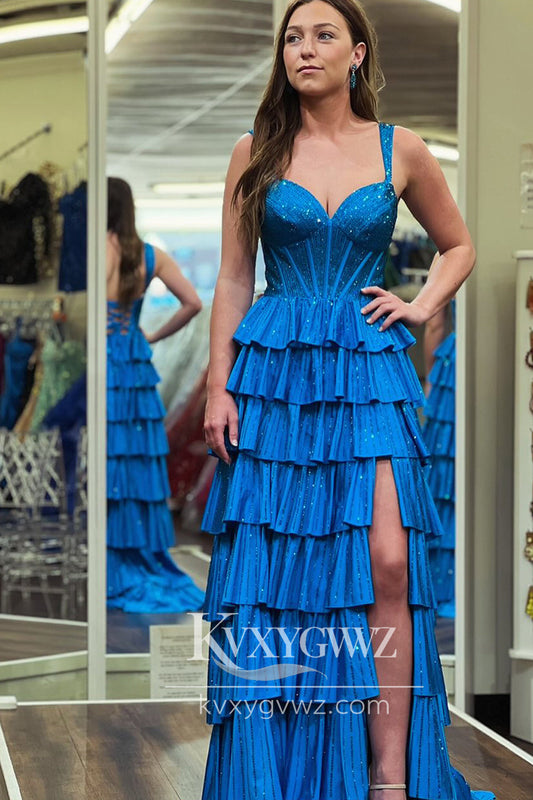 Charming A Line Sweetheart Evening Gown Blue Satin Tiered Long Prom Dress LF741