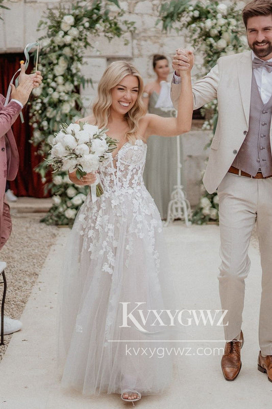 A-Line White Tulle Sweetheart Wedding Dresses Gown with Appliques HS741