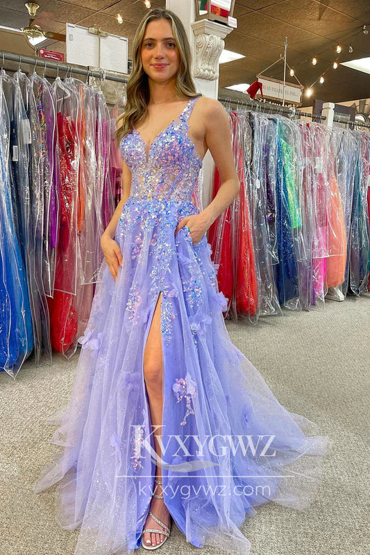 Charming A Line V Neck Evening Gown Lavender Sequins Tulle Long Prom Dress with Slit LF742