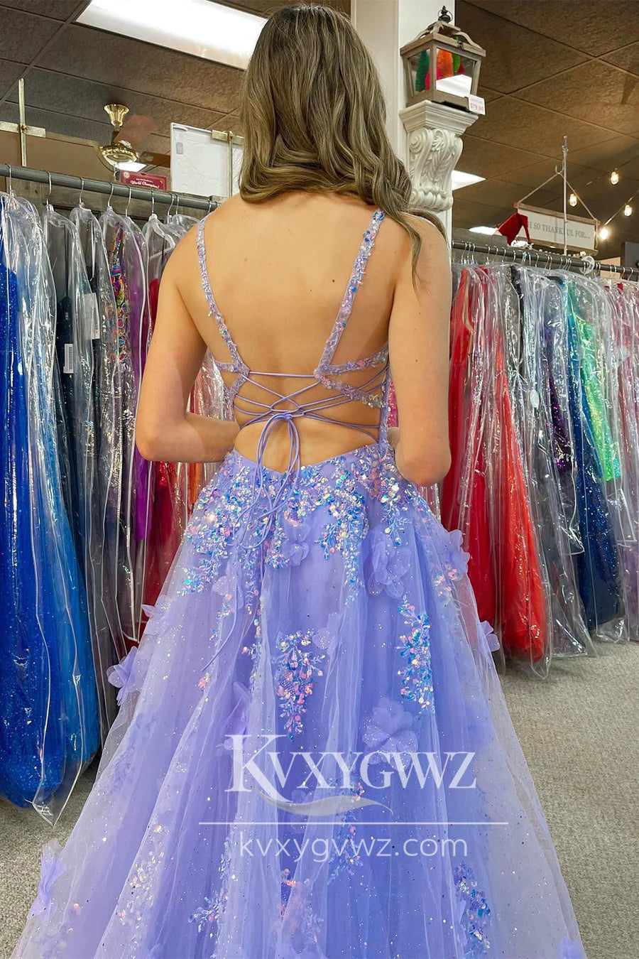 Charming A Line V Neck Evening Gown Lavender Sequins Tulle Long Prom Dress with Slit LF742