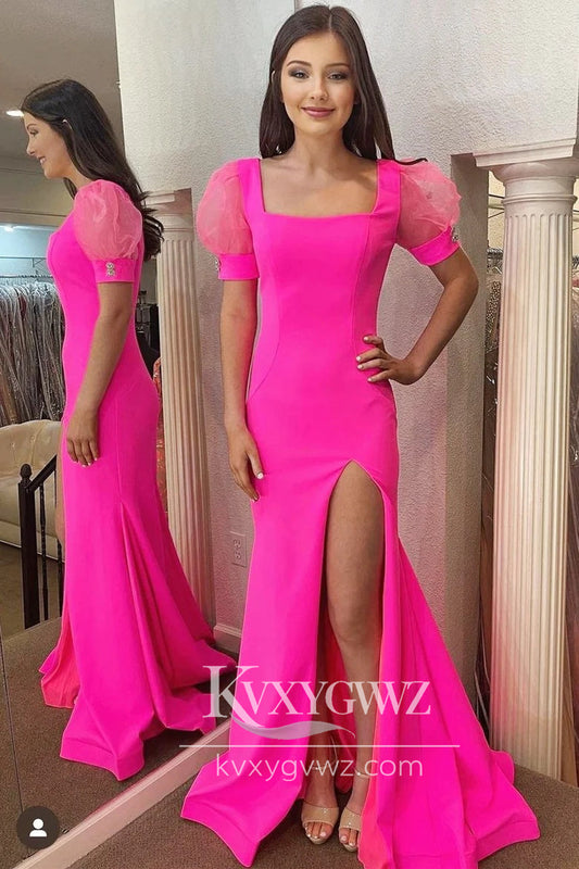 Stunning Hot Pink Evening Gown Square Neck Puff Sleeve Mermaid Long Prom Dress with Slit LF743