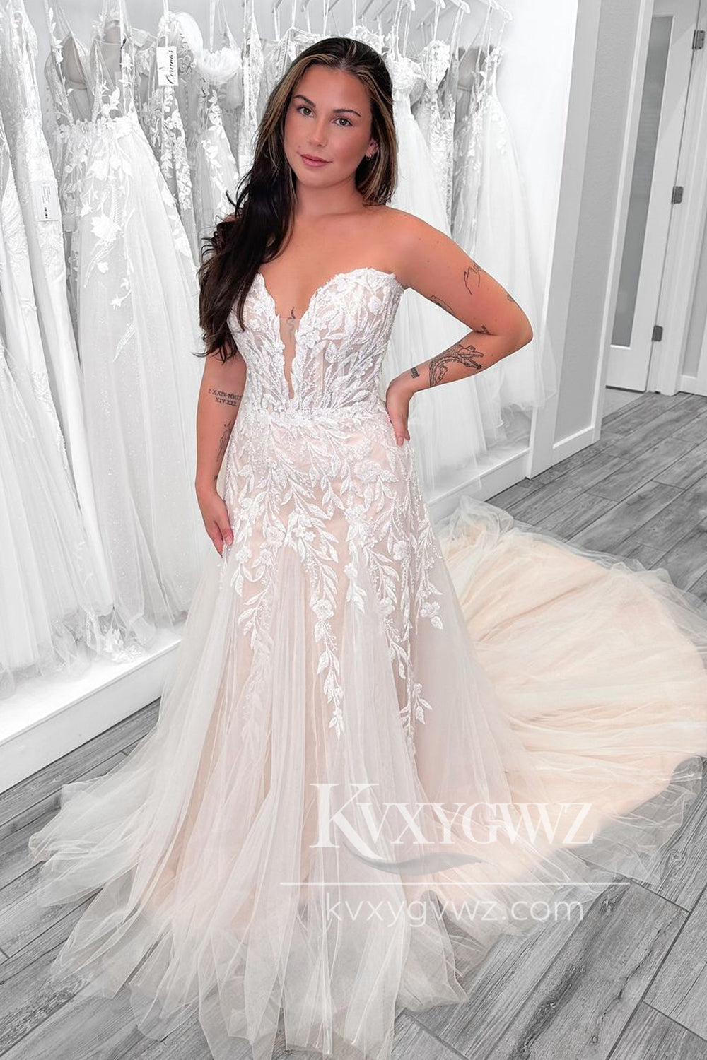 Glamorous A Line V Neck Champagne Tulle Long Wedding Dresses Gown with Appliques HS743