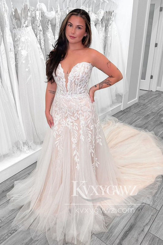 Glamorous A Line V Neck Champagne Tulle Long Wedding Dresses Gown with Appliques HS743