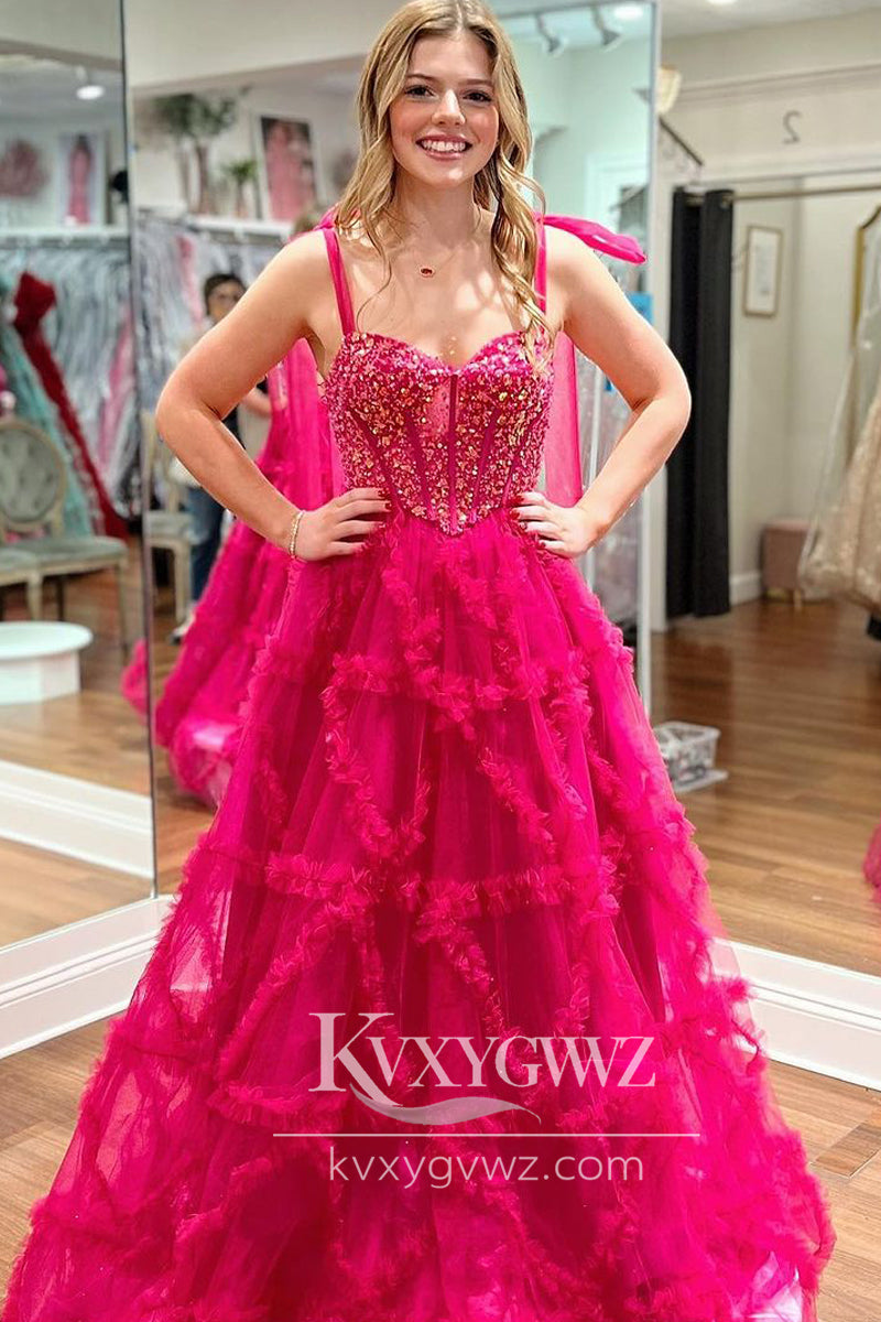 Stunning Fuchsia Evening Gown Sweetheart A-Line Tulle Long Prom Dress LF744