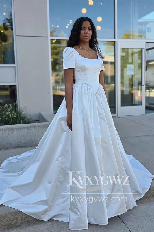Ball Gown V Neck Ruffled Sleeves Satin Wedding Dresses Gown With Slit HS744