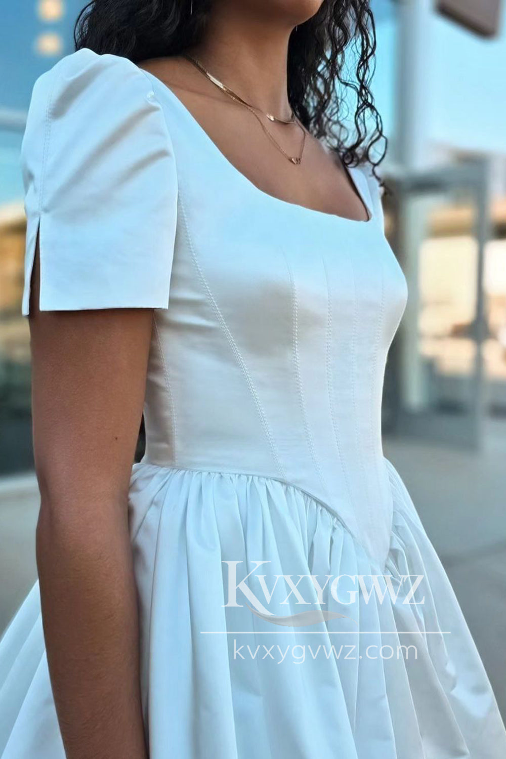 Ball Gown V Neck Ruffled Sleeves Satin Wedding Dresses Gown With Slit HS744