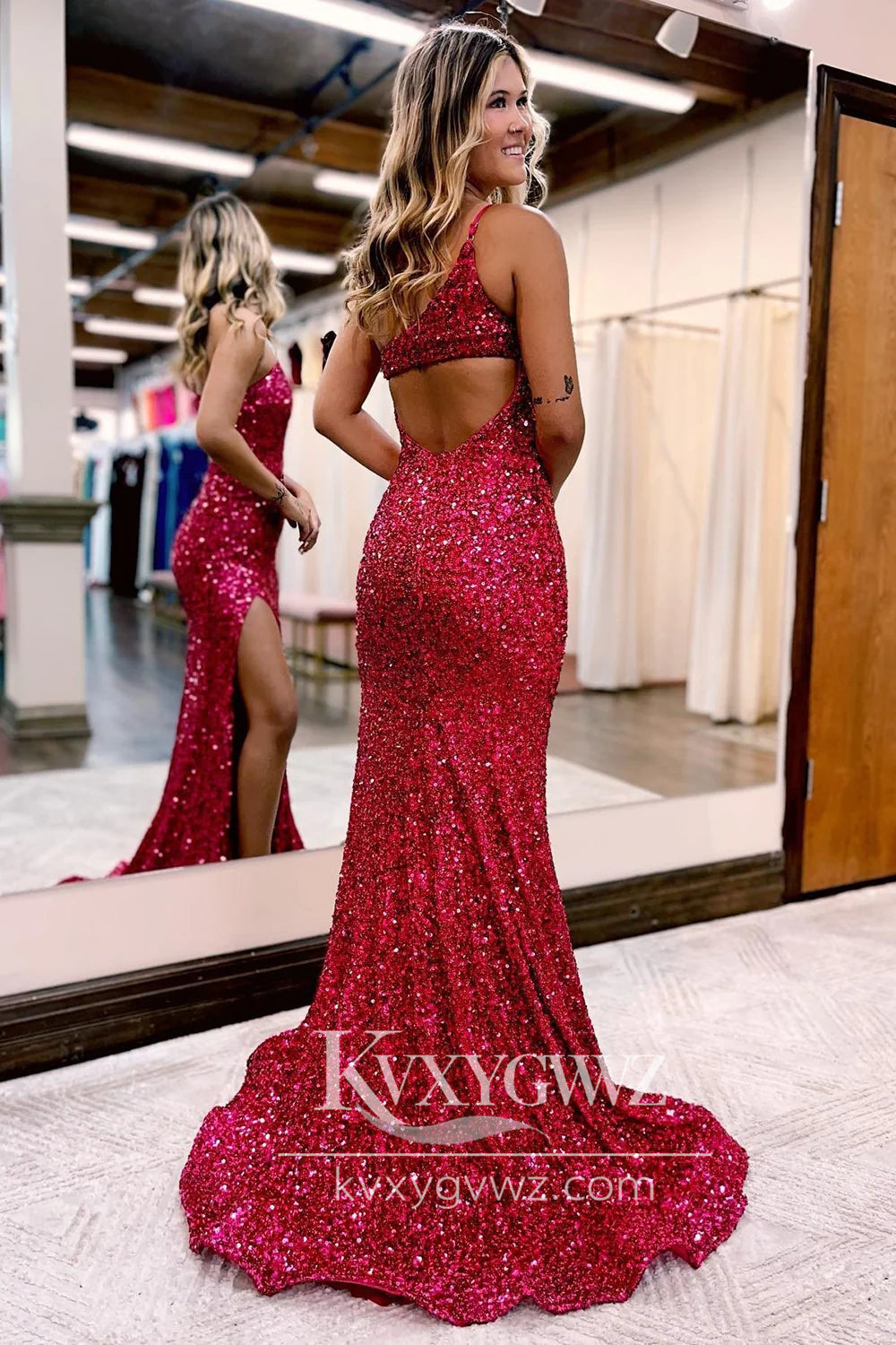 Burgundy Evening Gown One Shoulder Sequins Prom Dress with Slit LF745