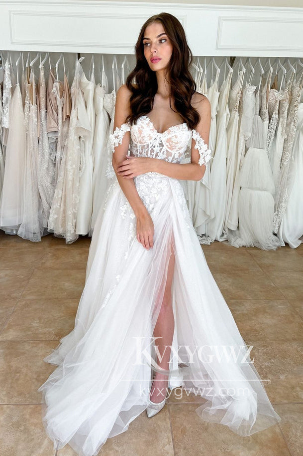 Glamorous A Line Off the Shoulder Tulle Wedding Dresses Gown with Slit HS745
