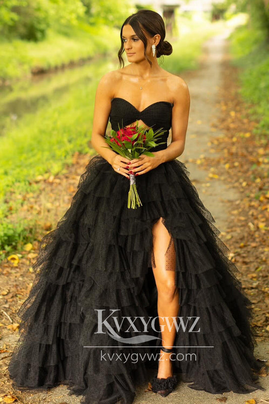 Stunning A Line Sweetheart Evening Gown Black Dot Tiered Tulle Prom Dress Gown with Slit LF746