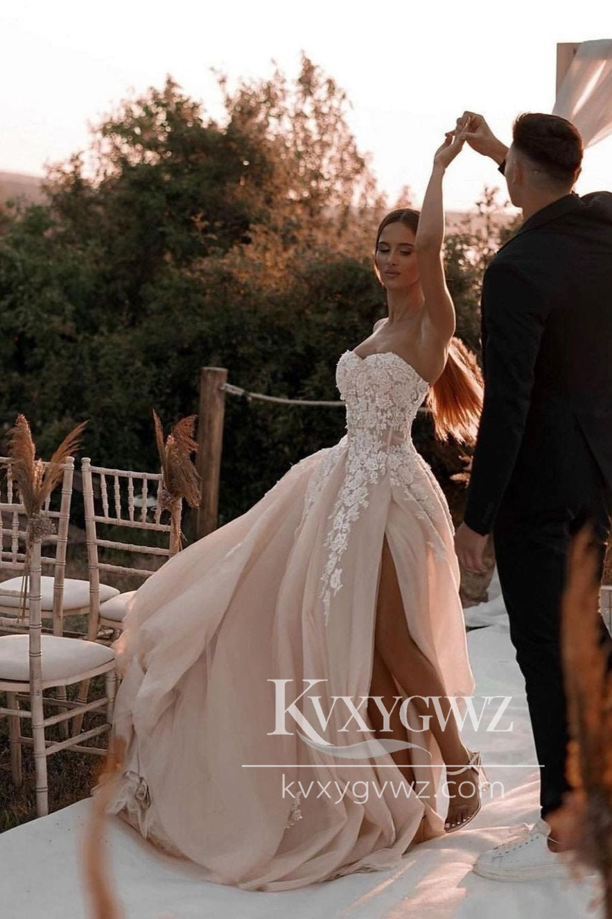 Ball Gown Sweetheart Dark Champagne Tulle Slit Wedding Dresses Gown with Appliques HS746