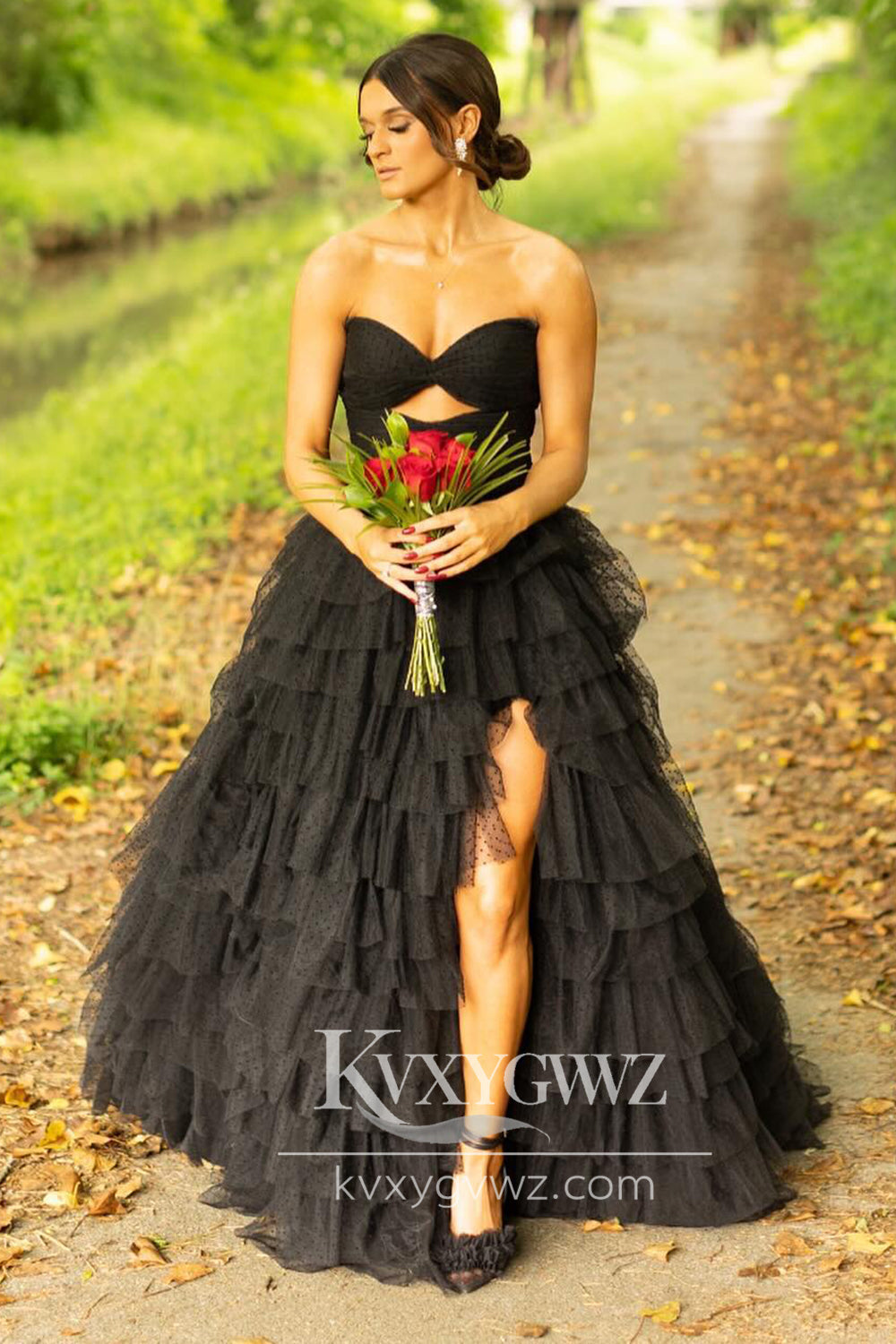 Stunning A Line Sweetheart Evening Gown Black Dot Tiered Tulle Prom Dress Gown with Slit LF746