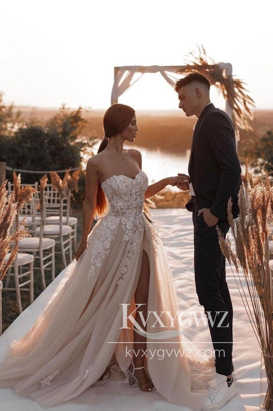 Ball Gown Sweetheart Dark Champagne Tulle Slit Wedding Dresses Gown with Appliques HS746