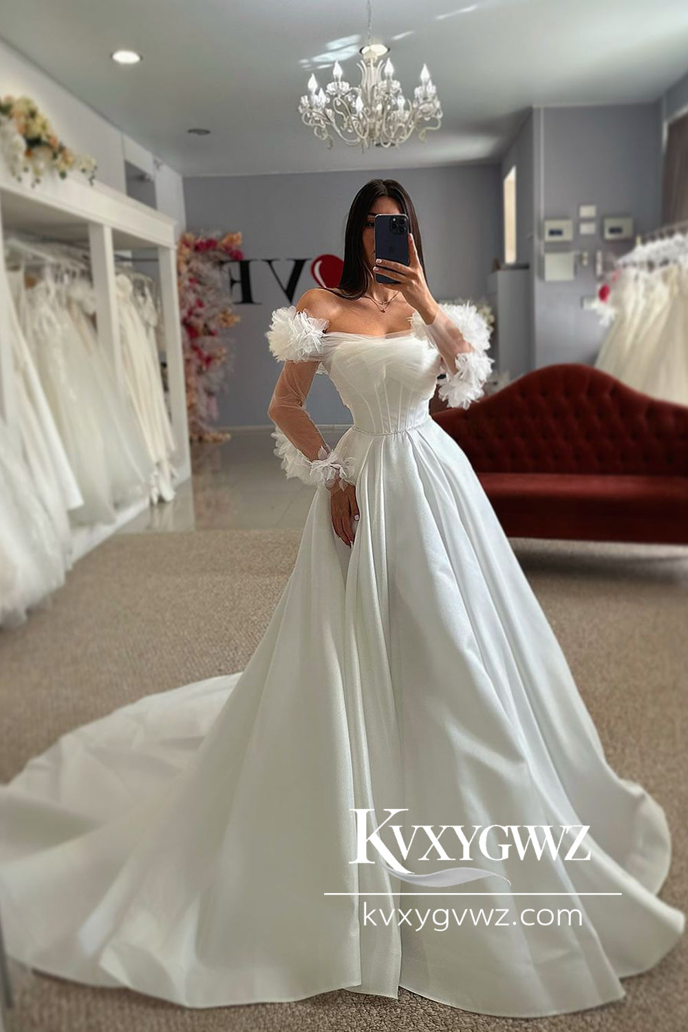 Ball Gown Off the Sholder Long Sleeves Satin Wedding Dresses Gown HS747