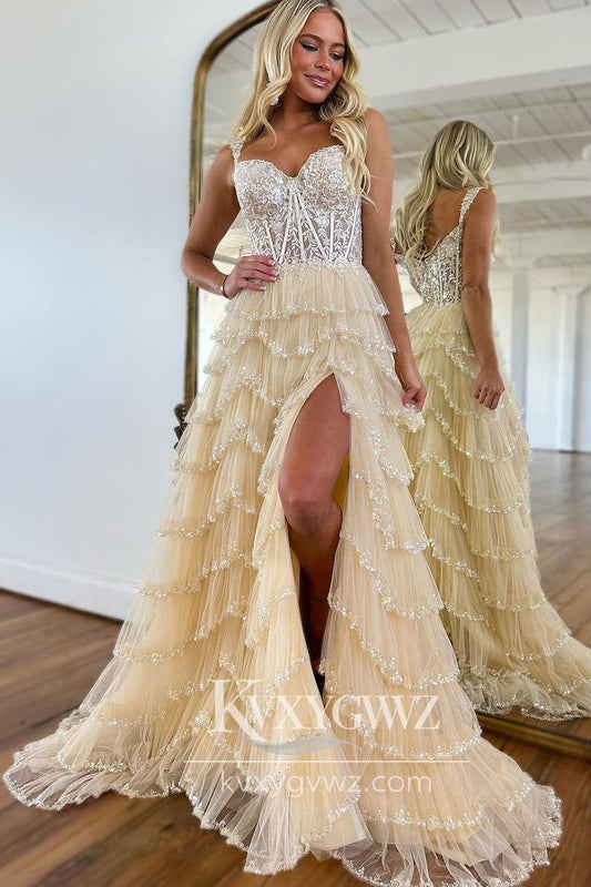 Champagne A-Line Evening Gown Sweetheart Tulle Prom Dress with Slit LF748