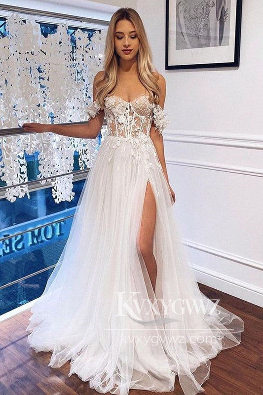 Bohemain A Line Sweetheart Tulle Slit Wedding Dresses Gown with Appliques HS748