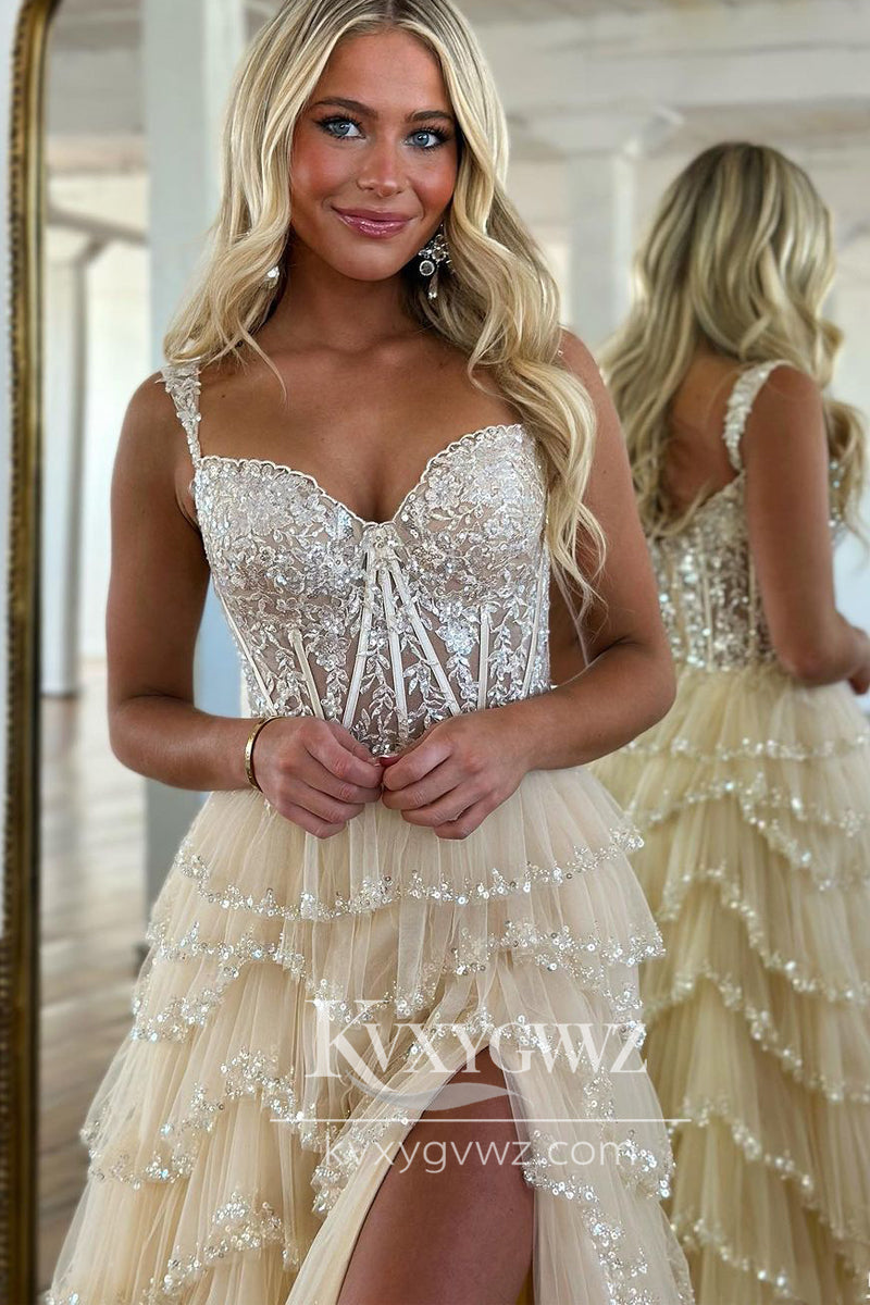 Champagne A-Line Evening Gown Sweetheart Tulle Prom Dress with Slit LF748