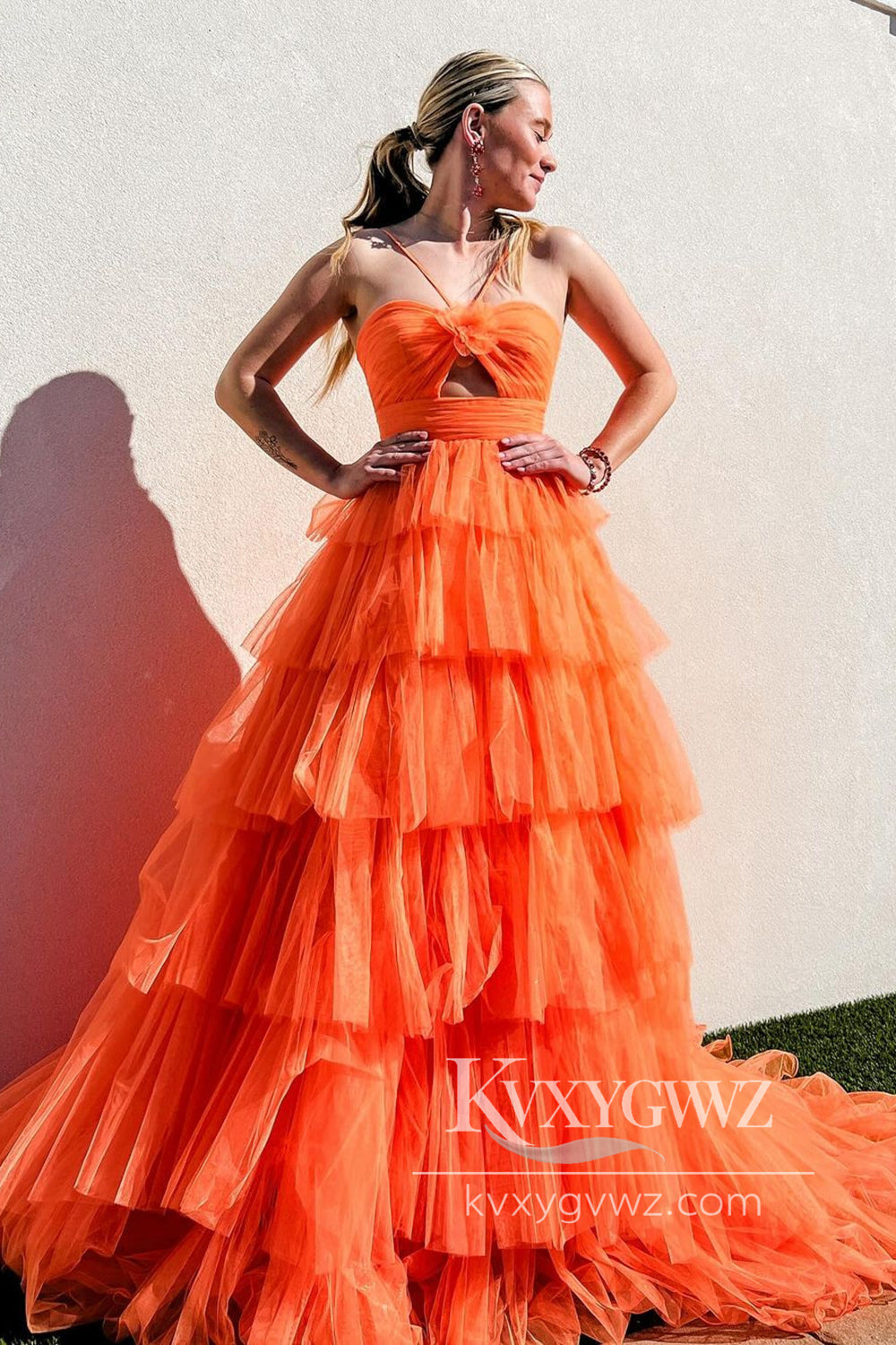 Stunning Ball Gown Straps Orange Tiered Tulle Prom Dress A-line Evening Gown LF749