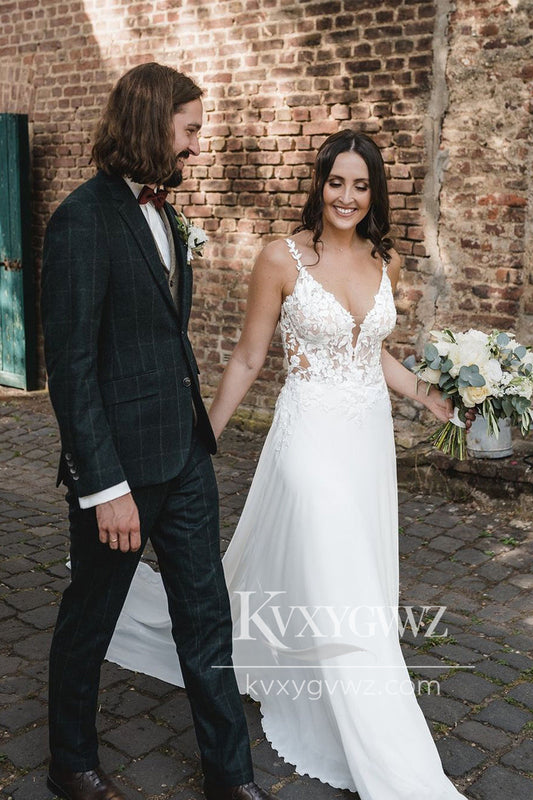 Boho A-Line V Neck Chiffon Wedding Dresses Gown with Appliques HS749