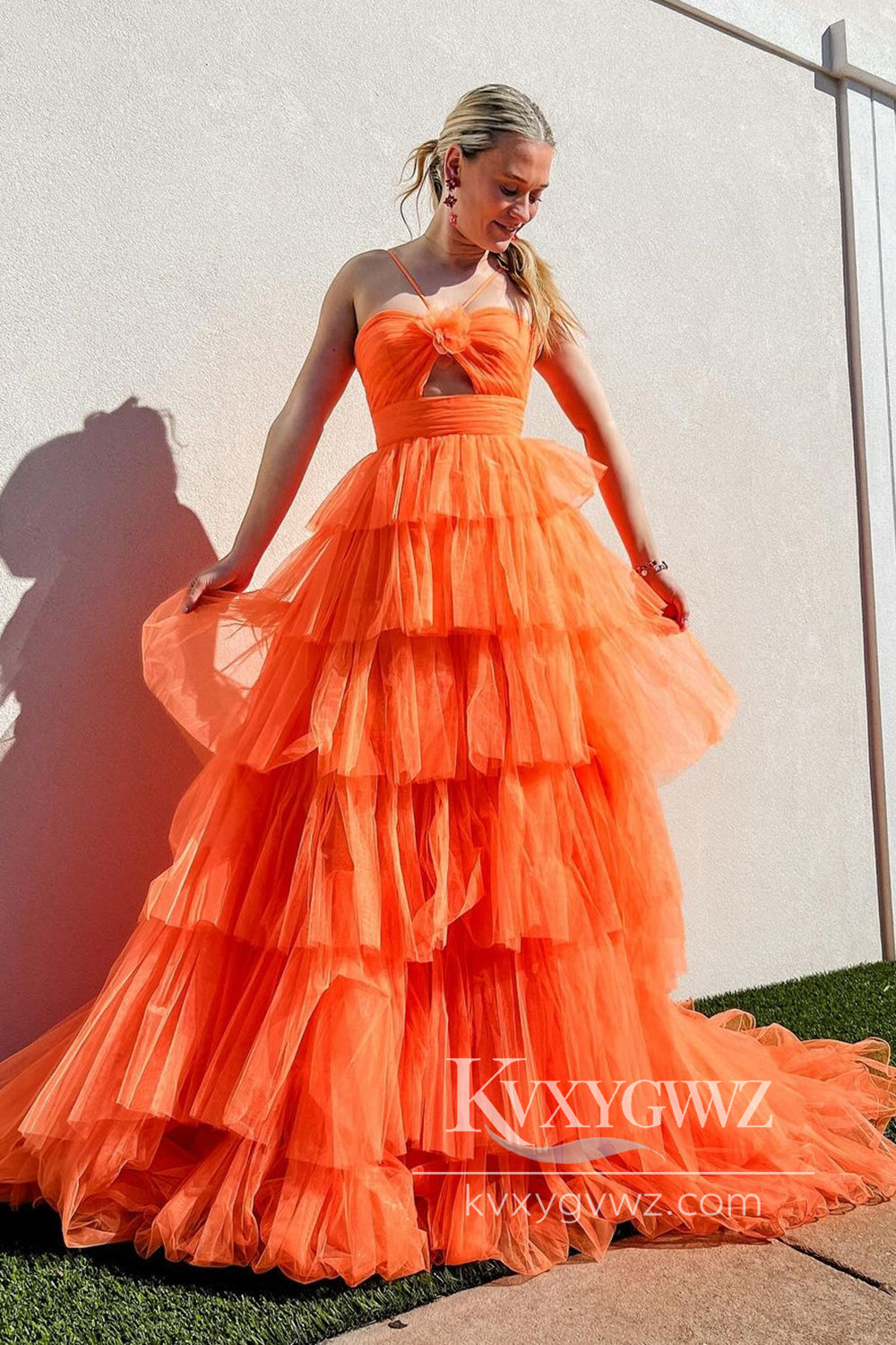 Stunning Ball Gown Straps Orange Tiered Tulle Prom Dress A-line Evening Gown LF749