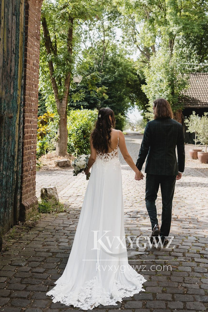 Boho A-Line V Neck Chiffon Wedding Dresses Gown with Appliques HS749