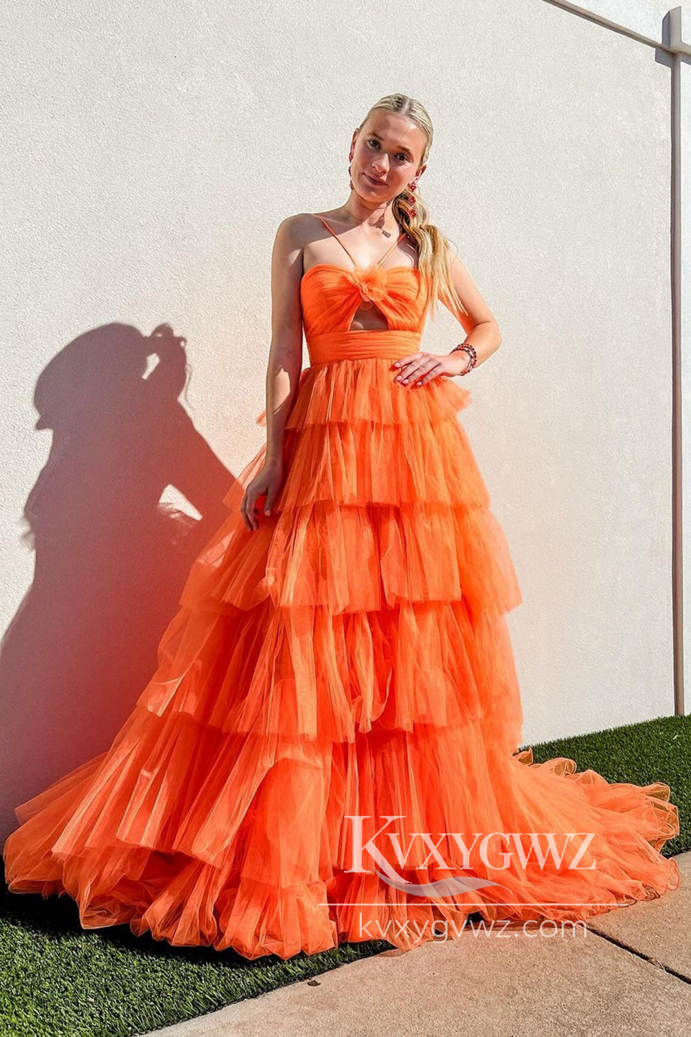 Stunning Ball Gown Straps Orange Tiered Tulle Prom Dress A-line Evening Gown LF749