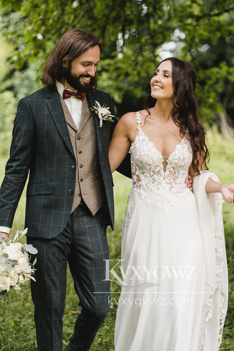 Boho A-Line V Neck Chiffon Wedding Dresses Gown with Appliques HS749