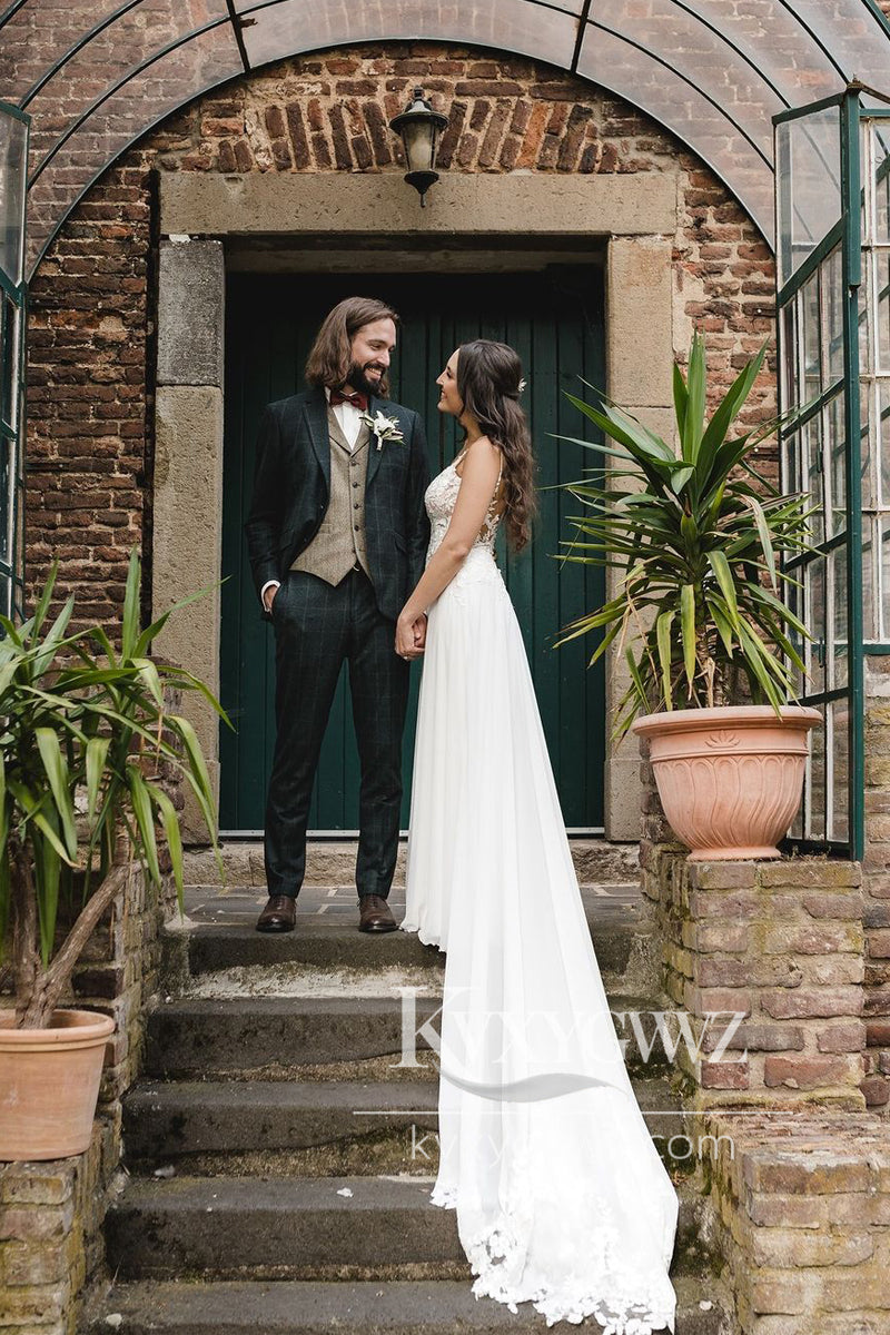 Boho A-Line V Neck Chiffon Wedding Dresses Gown with Appliques HS749