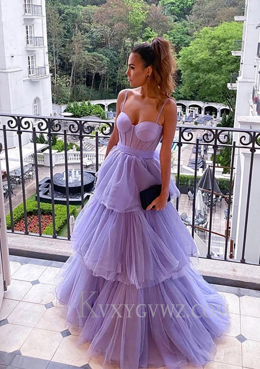 Lilac A-Line Spaghetti Straps Tulle Long Prom Dress LF075