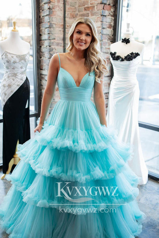 Charming A-Line Evening Gown V Neck Ruffle Tiered Tulle Long Prom Dress LF750