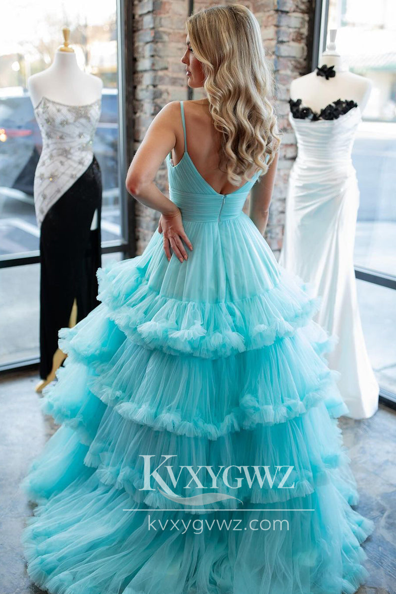 Charming A-Line Evening Gown V Neck Ruffle Tiered Tulle Long Prom Dress LF750