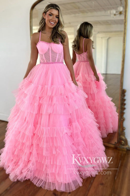 Stunning A Line Evening Gown Scoop Neck Pink Tiered Tulle Long Prom Dress with Beading LF751
