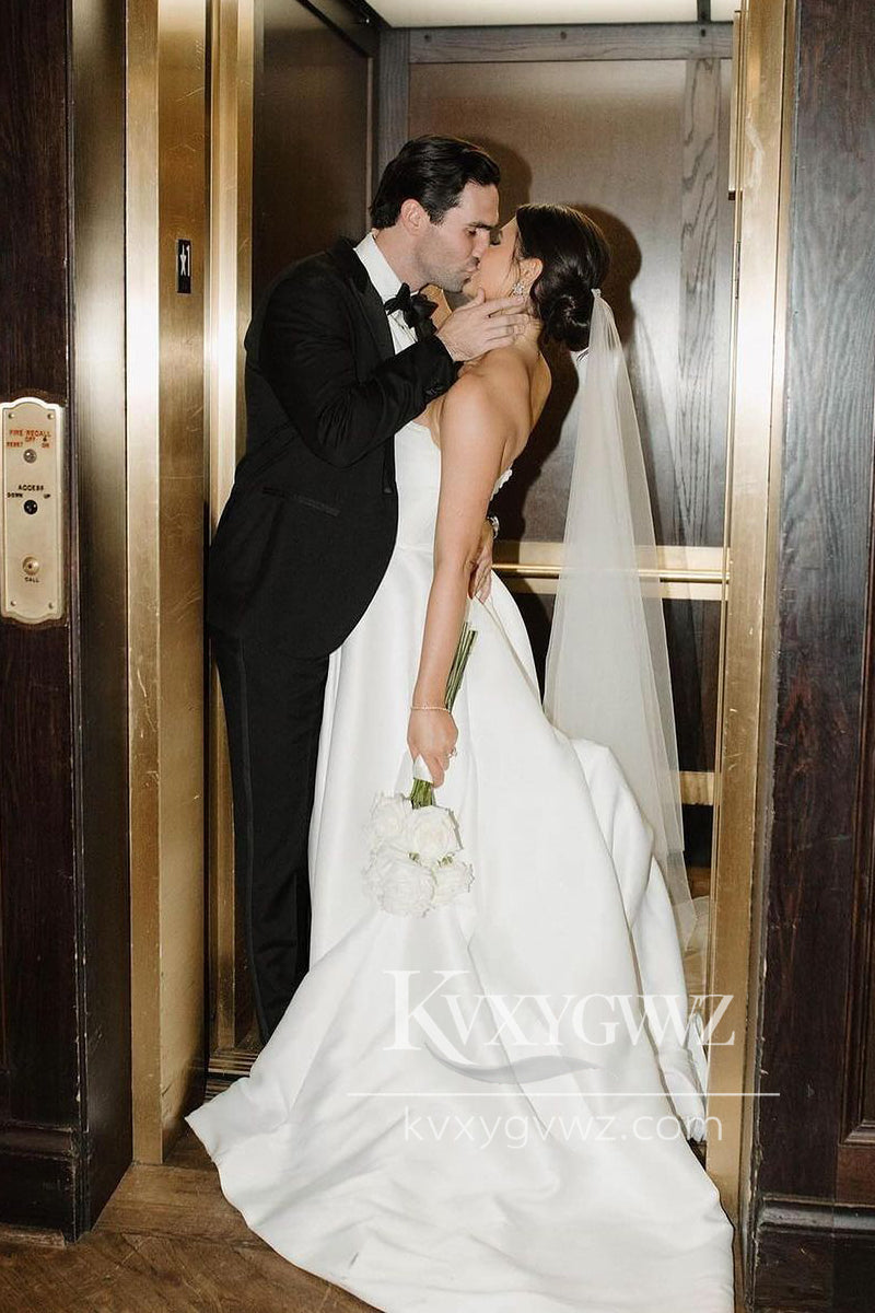Glamorous A-Line Strapless White Satin Wedding Dresses Gown with Slit HS751