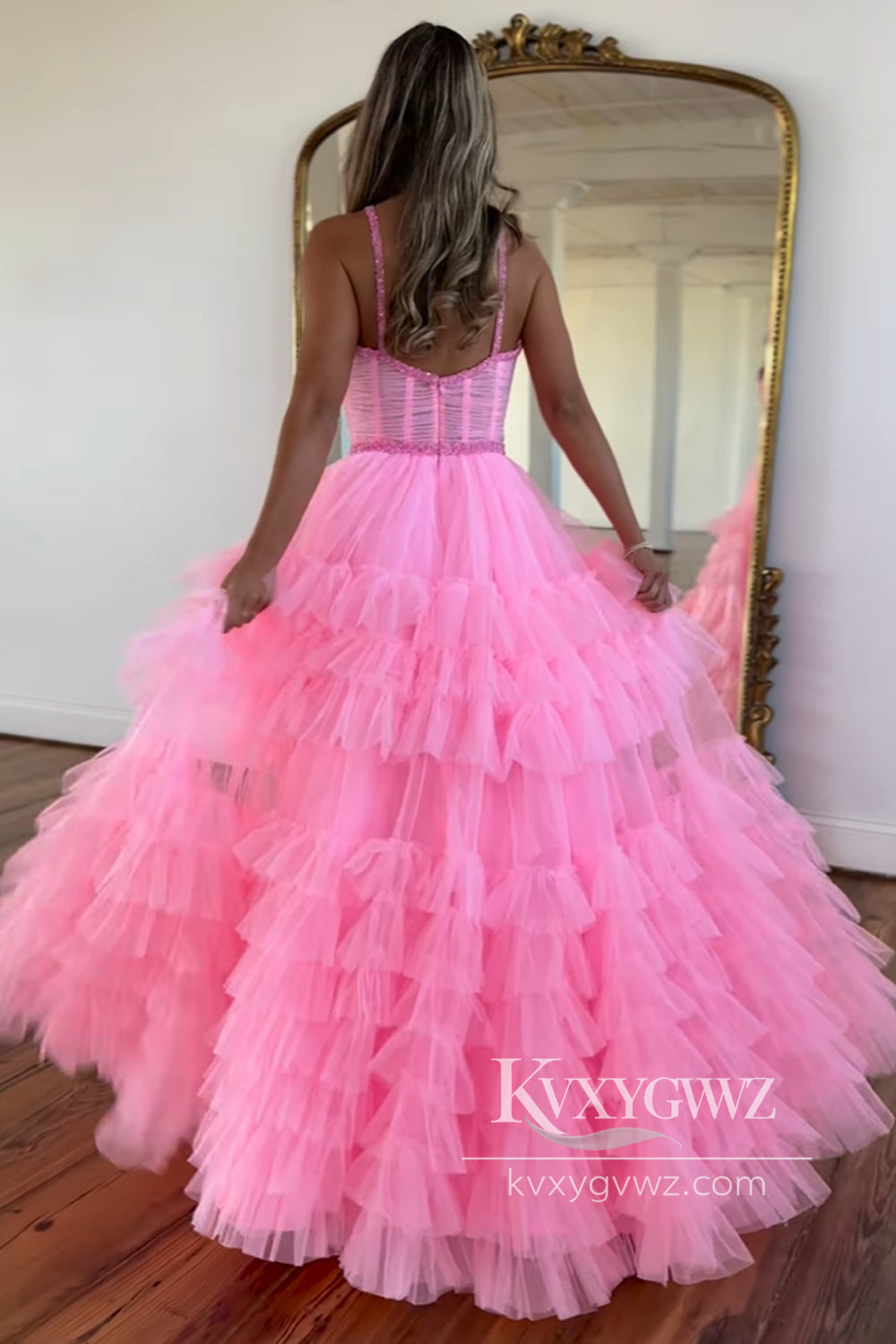 Stunning A Line Evening Gown Scoop Neck Pink Tiered Tulle Long Prom Dress with Beading LF751