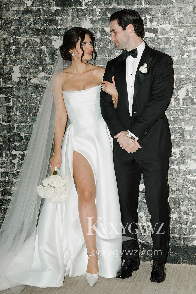 Glamorous A-Line Strapless White Satin Wedding Dresses Gown with Slit HS751